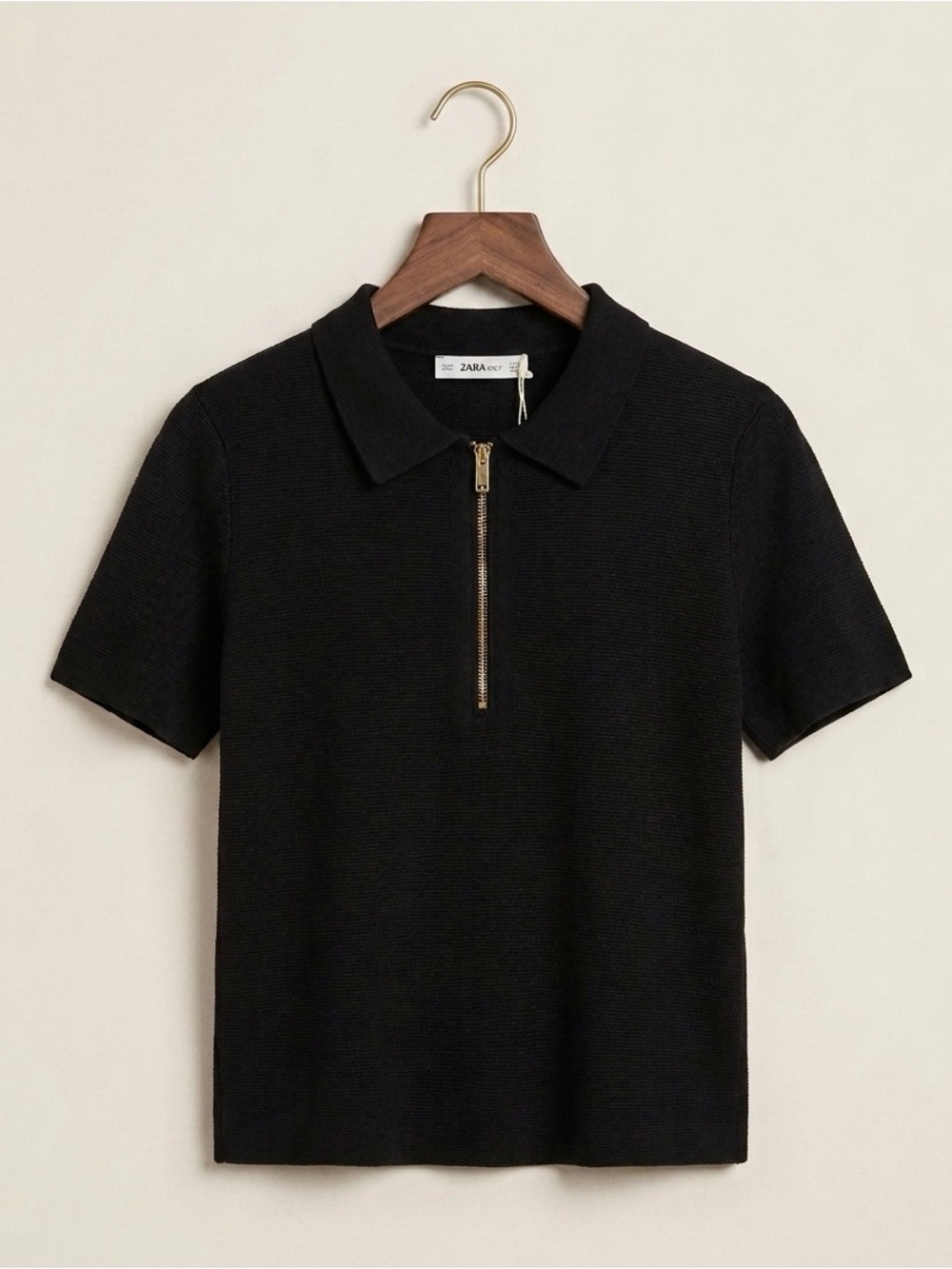 Zara Black Short-Sleeve Polo with Gold Zip